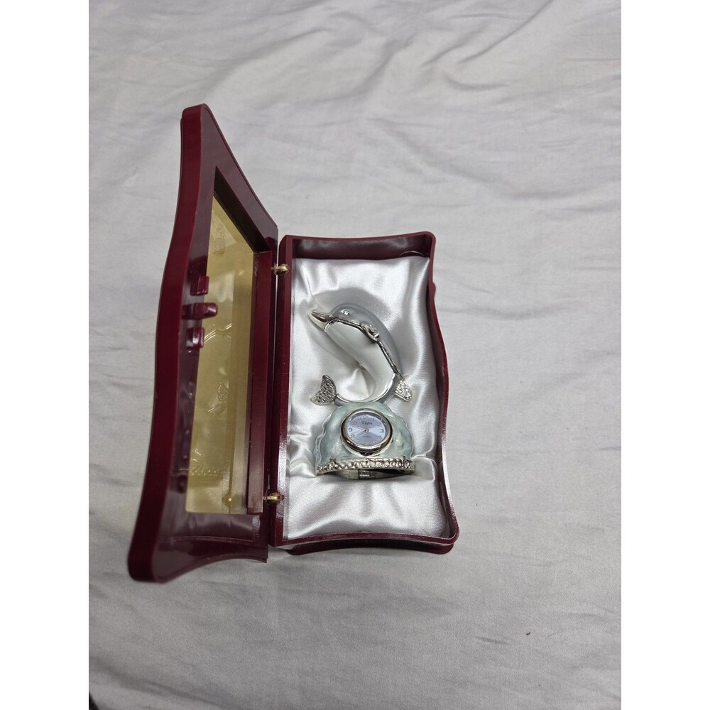NOS Elgin Enamel Mini Dolphin Clock In Original Case